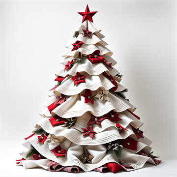 &Aacute;rvore de Natal feita de pano. &Aacute;rvore natalina de tecido branco. Linda &aacute;rvore decorada com enfeites e com fundo branco