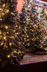 Fototapeta na wymiar Christmas background with bokeh, Christmas trees and decorations, soft focus, space for text