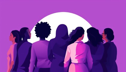 diverse group of women  from different ethnicity   from back , show case the empowerment ,solidarity  , purple gradial colors background 
