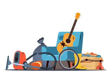 Big heap of trash. Electronic appliances, furniture, old clothes, broken equipment. Waste pile. Unwanted technology devices, not working digital rubbish, dangerous used materials. Vector illustration.