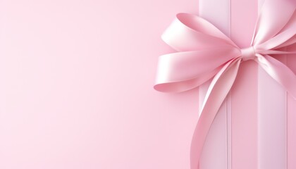 pink ribbon bow on pink background with copy space  - obrazy, fototapety, plakaty