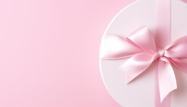 pink ribbon with bow  ,rounded gift box on pink  puce background  with copy sapce 