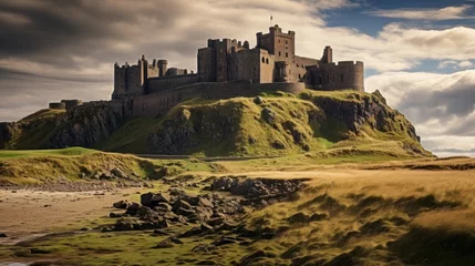 Foto op Canvas Step into history with the iconic Bamburgh Castle, a medieval fortress perched on a craggy outcrop of volcanic dolerite. This Grade I listed building, nestled in the picturesque landscape of Northumbe © Chingiz