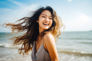 Happy beautiful young asian woman smiling at the beach. Summer at the beach, positivity and happy carefree lifestyle.