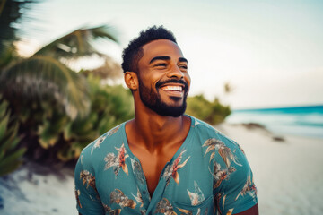 Happy handsome young black man smiling at the beach. Summer at the beach, positivity and happy carefree lifestyle.