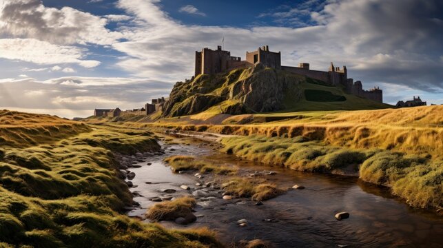 Step into history with the iconic Bamburgh Castle, a medieval fortress perched on a craggy outcrop of volcanic dolerite. This Grade I listed building, nestled in the picturesque landscape of Northumbe