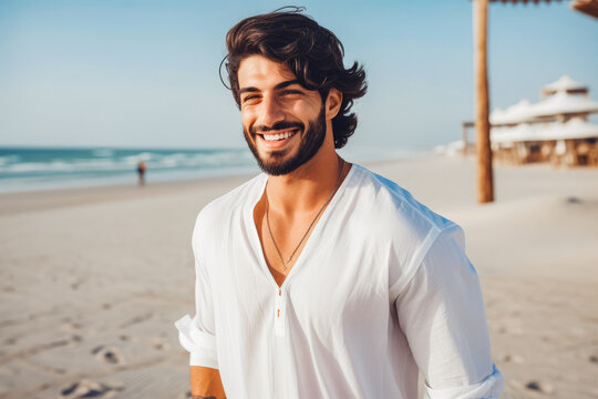 Happy handsome young arab man smiling at the beach. Summer at the beach, positivity and happy carefree lifestyle.
