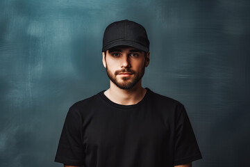 man wearing plain black cap and shirt for mockup. Fashion model male with black cap and neutral background. Black cap mockup. - obrazy, fototapety, plakaty