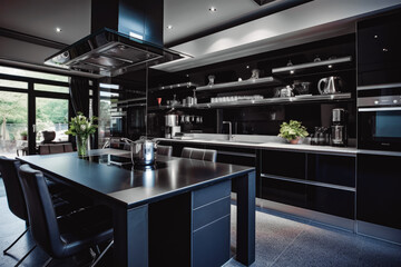 Black modern kitchen room interior. Open space modern living interior design. Bright big living space. Architecture and home design.