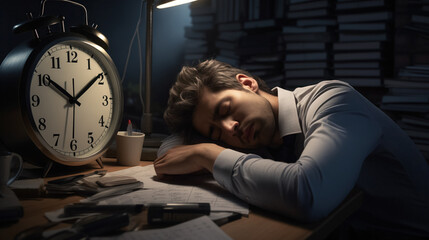Obraz premium Exhausted man napping at desk, clock highlighting late hour.