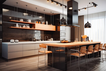 Bright modern kitchen room interior. Open space modern living interior design. Bright big living space. Architecture and home design.