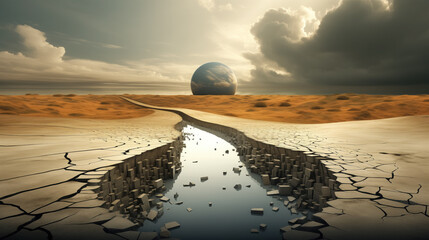 Surreal landscape with cracked earth and submerged cityscape. - obrazy, fototapety, plakaty