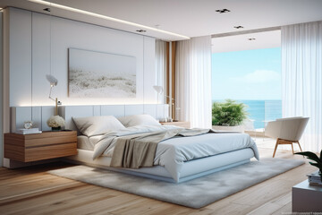 White modern bedroom with big bed. Open space modern living interior design. Dark big living space. Architecture and home design.