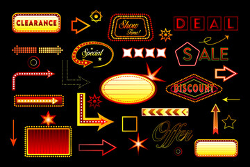 Classic retro signboards neon sign motel, set of elements
