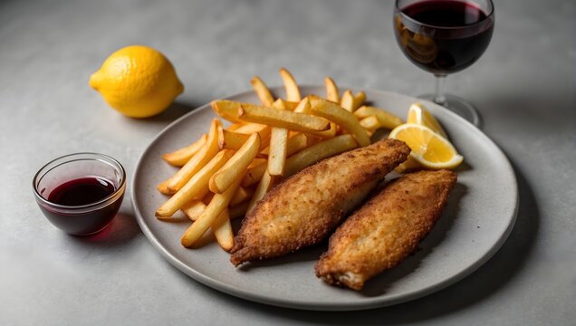 wooden table with fried fish, french fries and lemon, bottle of red wine