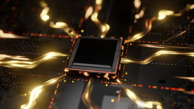 CPU Concept: Bright Blue Electrons on Circuit Board with Shallow Depth of Field.