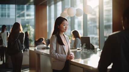 オフィスで話をするアジア人会社員
