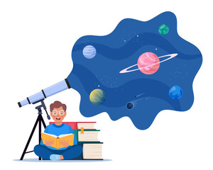 Cute boy reading book about universe, space and planets, sitting near pile of books. Astronomical telescope looks into space with planets, stars and comets. Imagination concept. Vector illustration.