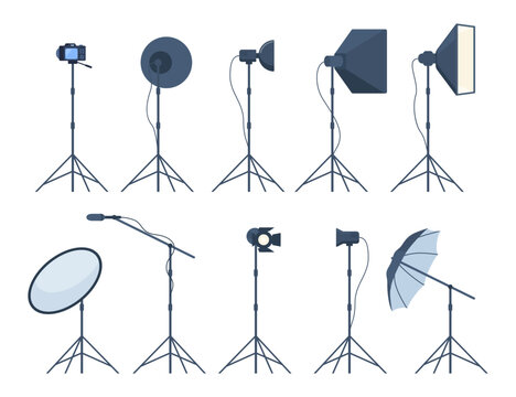 Different Types Of Professional Lighting Equipment For Blogging, Vlogging And Studio Photo And Video. Vector Illustration.