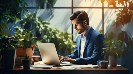Businessman using laptop with digital business at home