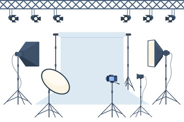 Photo studio with white blank background, soft box light, camera, spotlight. Professional equipment for photo and video shooting. Vector illustration.