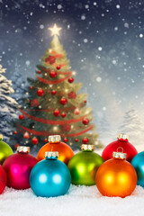 Fototapeta na wymiar Christmas card with colorful balls baubles tree background portrait format copyspace copy space decoration winter snow