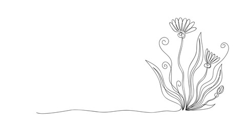 Wildflower drawn by one line. Sketch. Continuous line drawing abstract botanical art. Creative vector illustration.