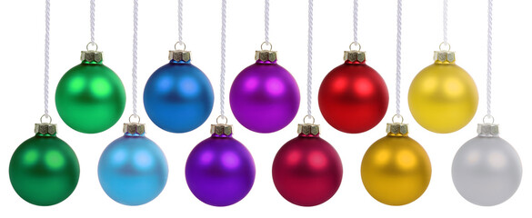 Christmas balls baubles in many colorful colors decoration hanging isolated on white
