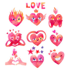 Watercolor hand drawn valentines day hearts. Watercolor hearts characters can be use for print, postcard, greeting card design, textile, packaging design, stickers, template. Red hearts set for design