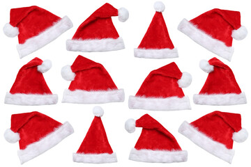 Christmas Santa Claus hats hat in a row winter isolated on a white background