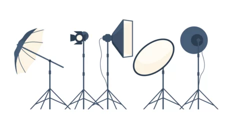 Fotobehang Different types of professional lighting equipment for blogging, vlogging and studio photo and video. Vector illustration. © Alena