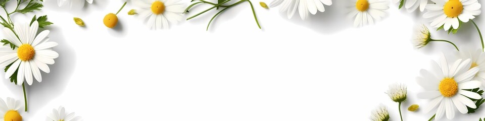 Fototapeta na wymiar Frame mockup with Chamomile flowers on a white background. Banner or gift card with flowering frame