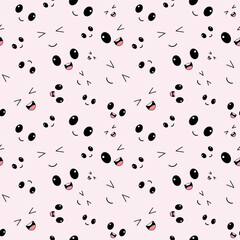 Vector seamless continuous pattern. Kawaii. Smile eye. Good. Pink background. Wrapper. Festive.