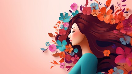 Womens day banner of beautiful lady with flowers papercut style , pink background with copy space 