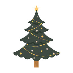 Christmas tree vector. Flat illustration of green fir tree decorated with baubles. Concept of christmas and new year. Cartoon xmas green tree isolated on white background. Vector illustration