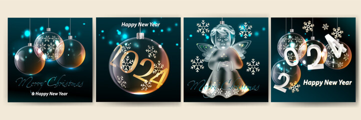 Set of elegant "Happy New Year and Christmas" gift cards on a dark background with transparent Christmas symbols
