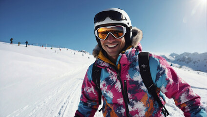 Smiling young man in a ski suit on the background of a ski resort. Space for text