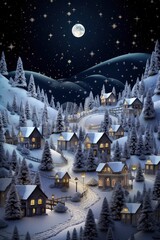 3D Winter Christmas Village with Starry Night Sky and Mountains in the Background