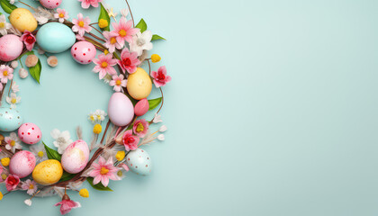 Obraz premium wreath shaped with colorful pastel eggs and flowers ,top view ,solid blue light background ,celebration,banner,easter egg