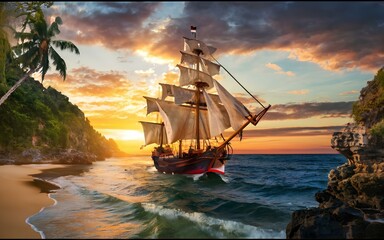 ship in the sunset