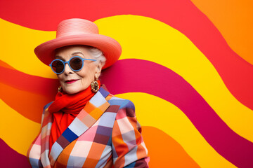 portrait of a cheerful elderly woman illustrating ageless beauty in bright shades