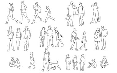 Silhouettes men, women, teenagers and children standing, walking, sitting, with dog, linear sketch,  black color, vector, group rest people, students, design concept of flat icon, isolated on white 