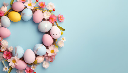 wreath shaped with colorful  pastel eggs and flowers ,top view ,solid blue light  background ,celebration,banner,easter egg,with copy space 