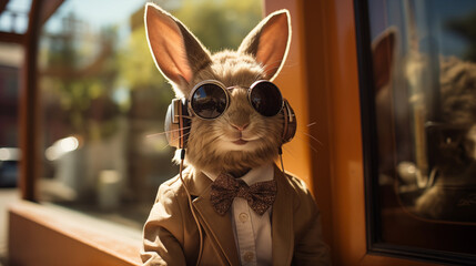 Dapper Rabbit in a Vintage Car: A charming rabbit dressed in vintage clothing, driving a classic car with a scenic backdrop