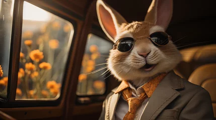 Fototapeten Dapper Rabbit in a Vintage Car: A charming rabbit dressed in vintage clothing, driving a classic car with a scenic backdrop © Наталья Евтехова