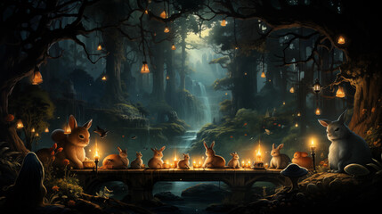 Mystical Forest Gathering: A magical forest setting with anthropomorphic animals engaged in a mystical and harmonious gathering - obrazy, fototapety, plakaty
