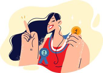 Woman champion with gold medal for sports achievements and victory in competitions