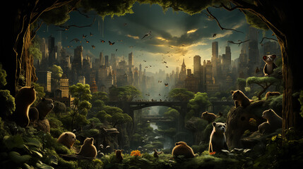 Urban Jungle: Animal Cityscape: A cityscape transformed into an animal metropolis with creatures in business suits and skyscraper burrows