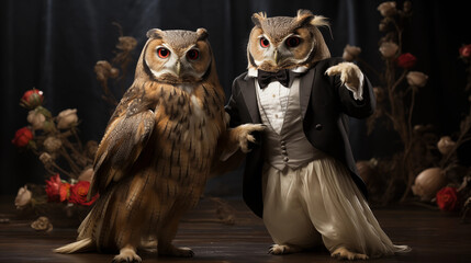 Elegant Owl Ballroom Dance: An elegant ballroom scene featuring owls dressed in ball gowns and tuxedos, gracefully dancing