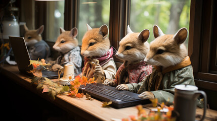 Writers' Retreat in the Woods: Animals dressed as writers in a serene forest setting, engrossed in their writing endeavors